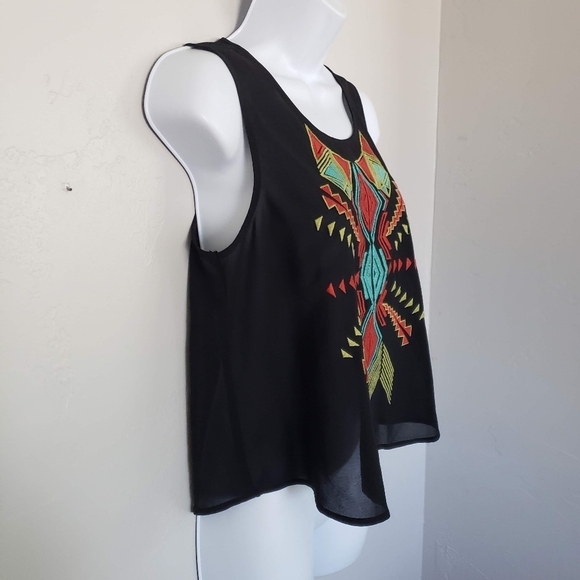 Lush XS Black Chiffon Tank Top Sleeveless Blouse Western Embroidery Keyhole - Picture 7 of 8